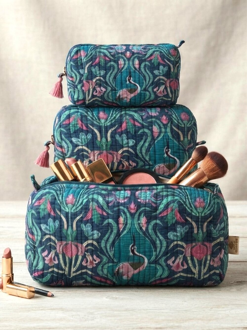 Set Of 3 Block Print Toiletry Bags, Cotton Makeup Bag, Cosmetic Bag Set Gift